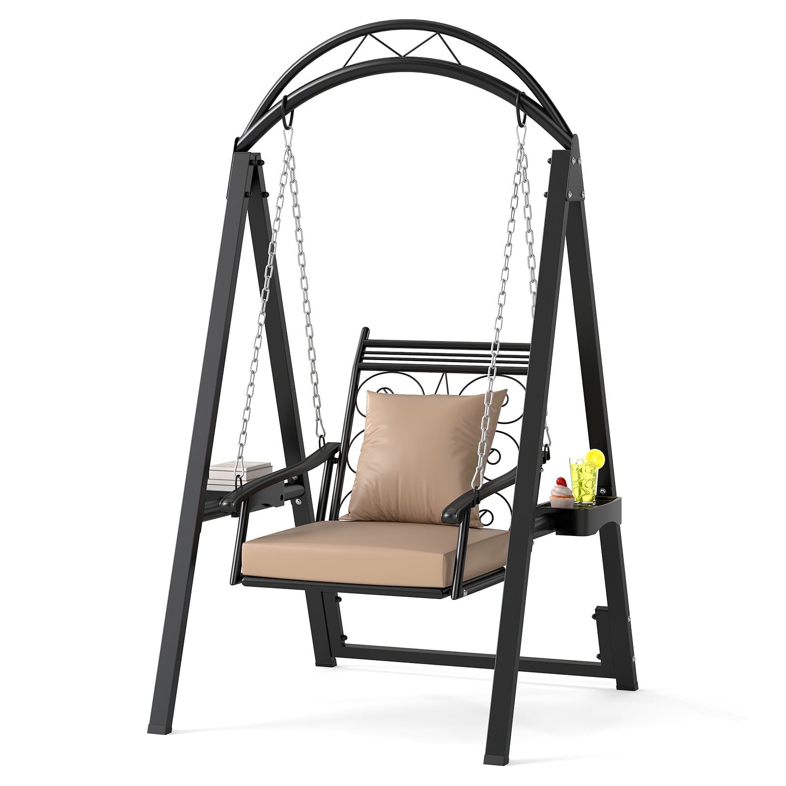 Outdoor Porch Swing with Removable Cushions and Side Tables for Garden Backyard-Black