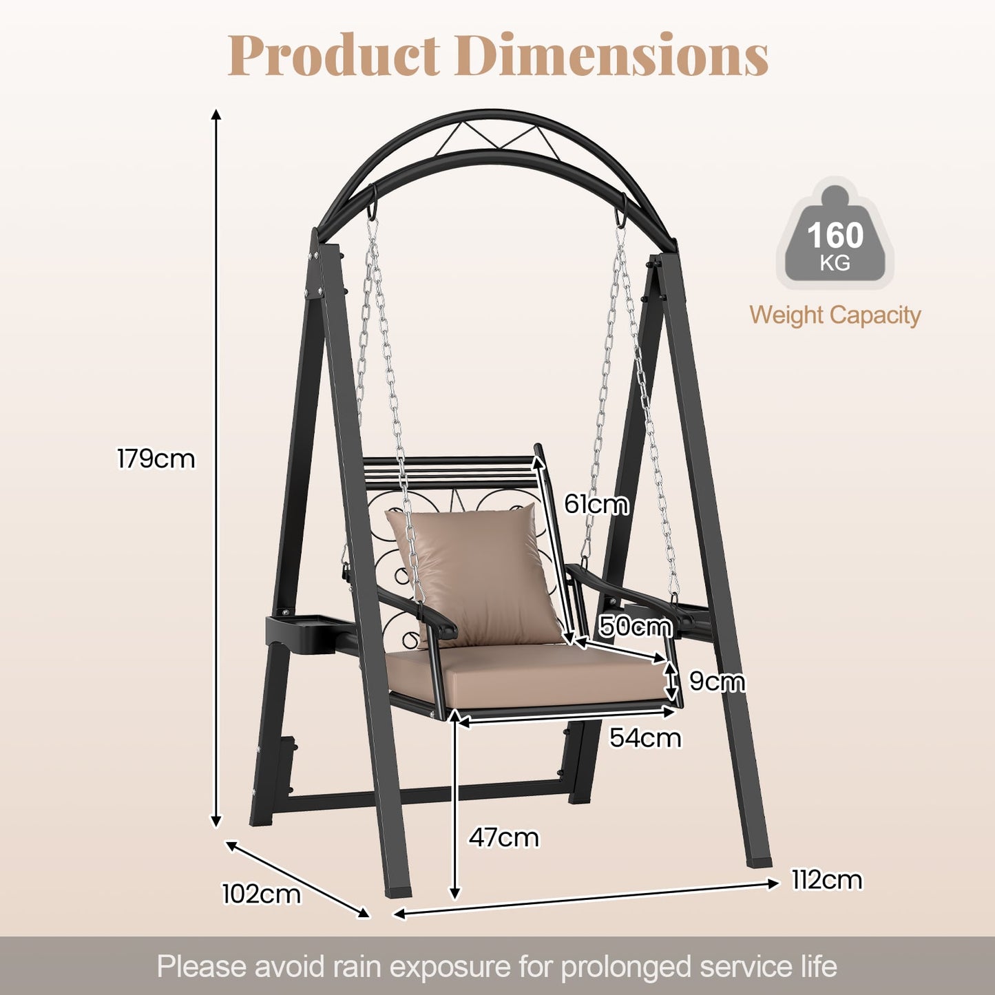 Outdoor Porch Swing with Removable Cushions and Side Tables for Garden Backyard-Black