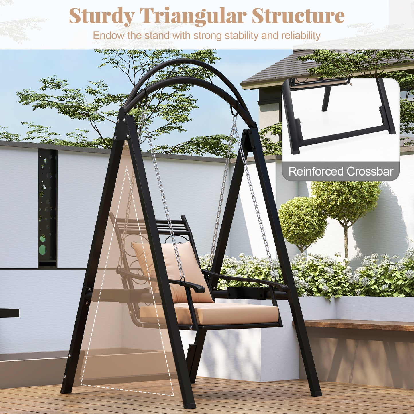 Outdoor Porch Swing with Removable Cushions and Side Tables for Garden Backyard-Black