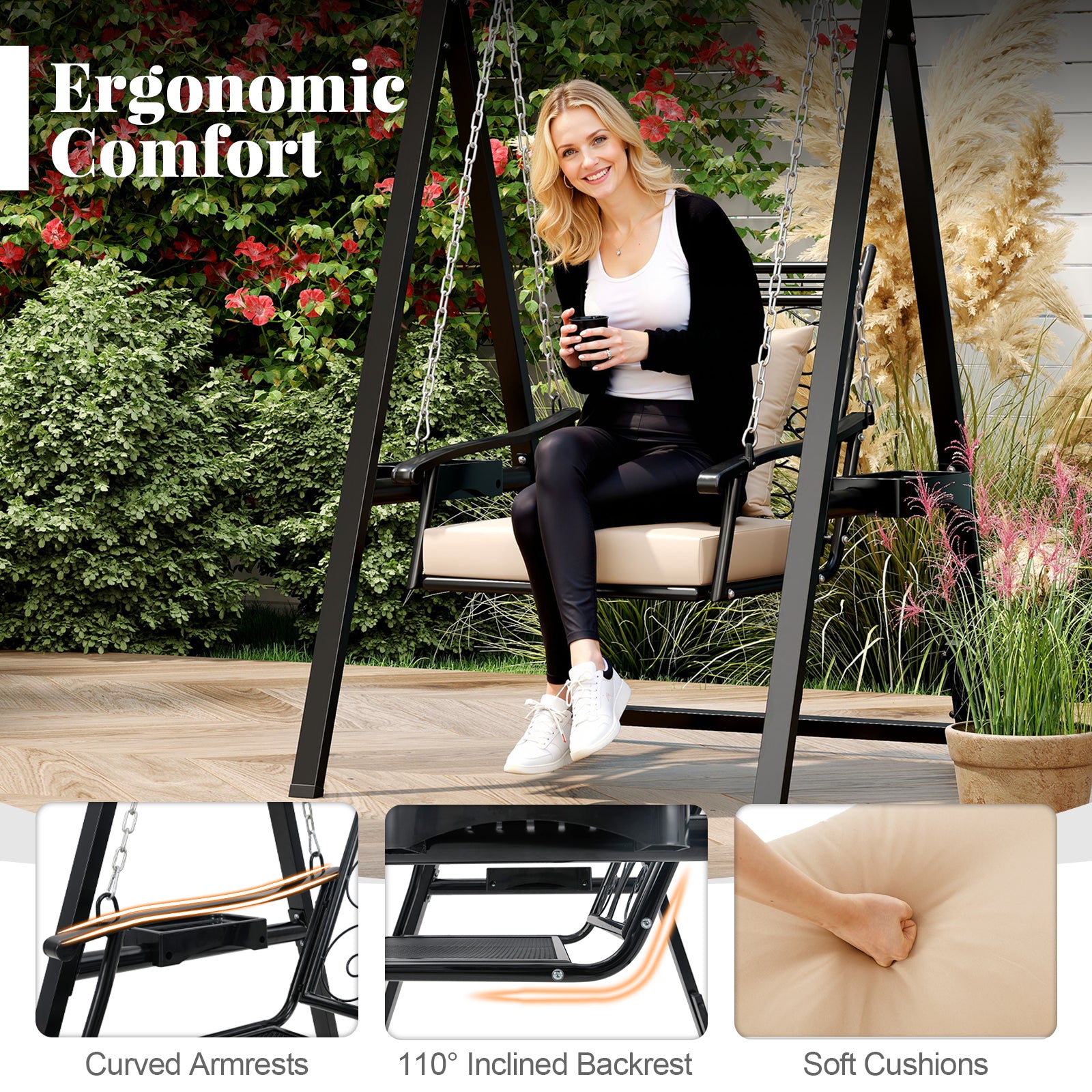 Outdoor Porch Swing with Removable Cushions and Side Tables for Garden Backyard-Black