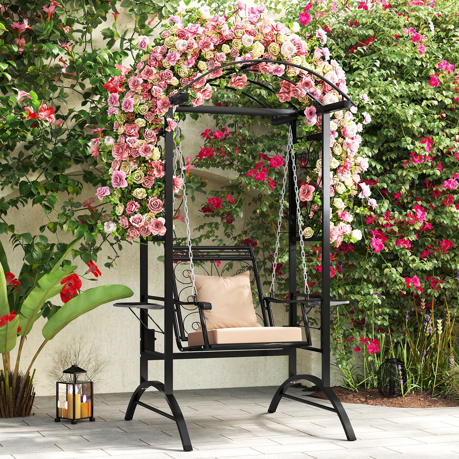 Outdoor Porch Swing with Stand and 2 Trellises for Adults Patio Swing Chair with Removable Cushions-Black