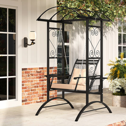 Outdoor Porch Swing with Stand and 2 Trellises for Adults Patio Swing Chair with Removable Cushions-Black