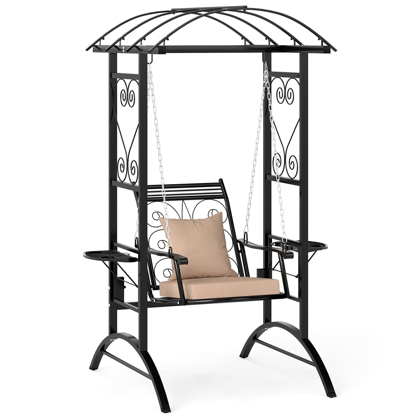 Outdoor Porch Swing with Stand and 2 Trellises for Adults Patio Swing Chair with Removable Cushions-Black