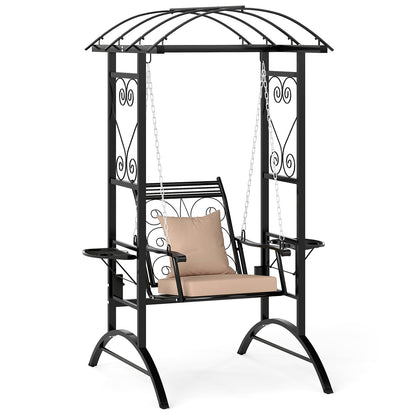 Outdoor Porch Swing with Stand and 2 Trellises for Adults Patio Swing Chair with Removable Cushions-Black