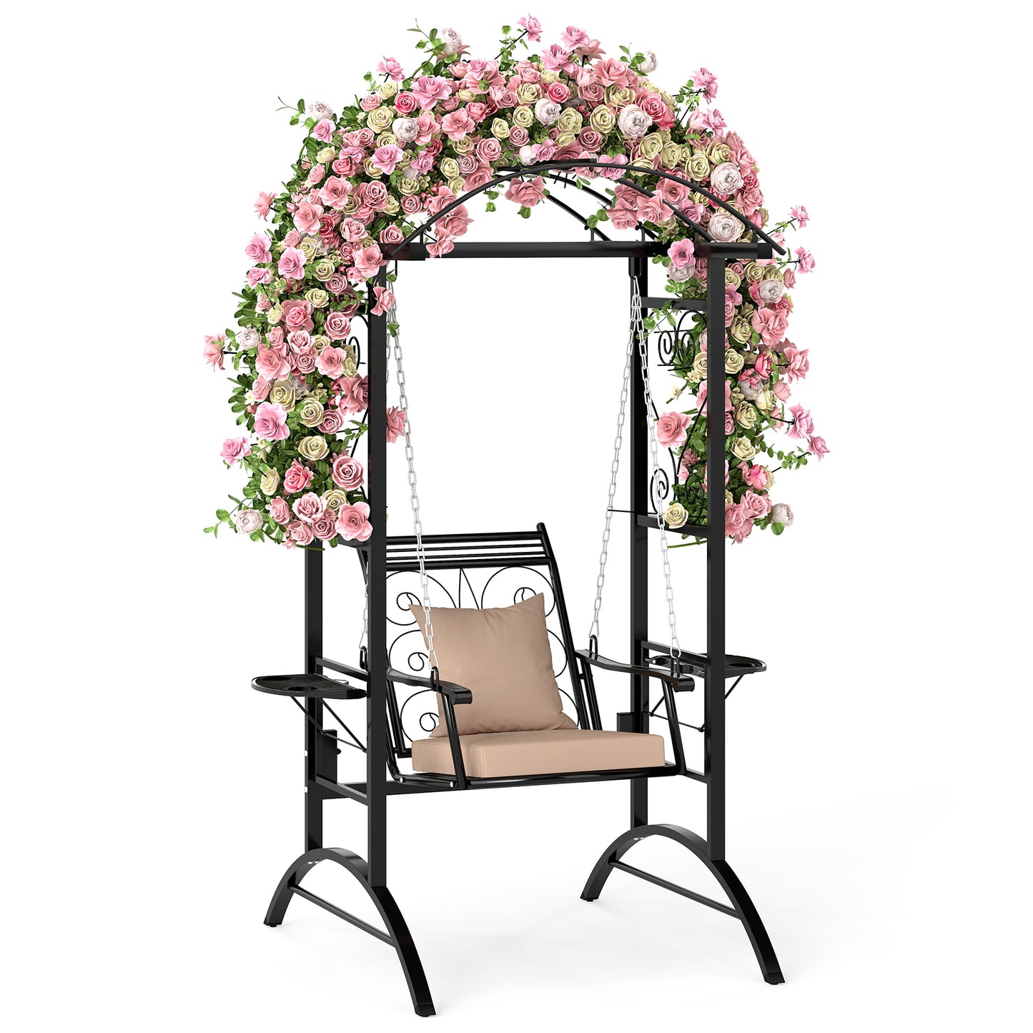 Outdoor Porch Swing with Stand and 2 Trellises for Adults Patio Swing Chair with Removable Cushions-Black