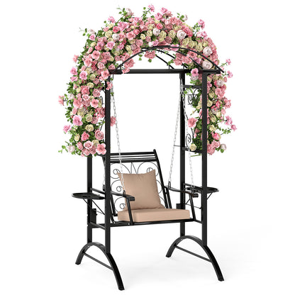 Outdoor Porch Swing with Stand and 2 Trellises for Adults Patio Swing Chair with Removable Cushions-Black
