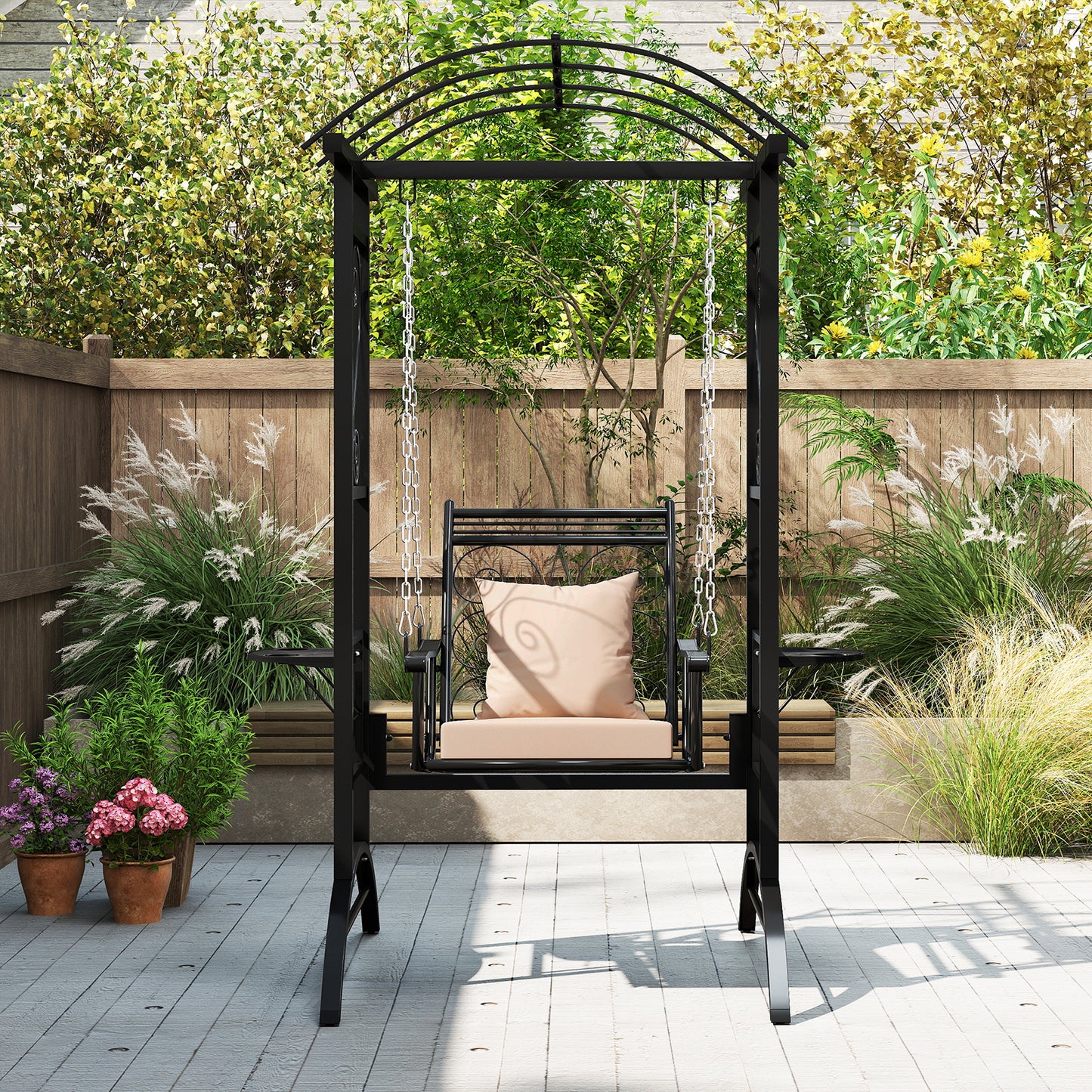 Outdoor Porch Swing with Stand and 2 Trellises for Adults Patio Swing Chair with Removable Cushions-Black