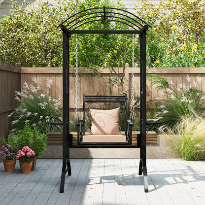 Outdoor Porch Swing with Stand and 2 Trellises for Adults Patio Swing Chair with Removable Cushions-Black