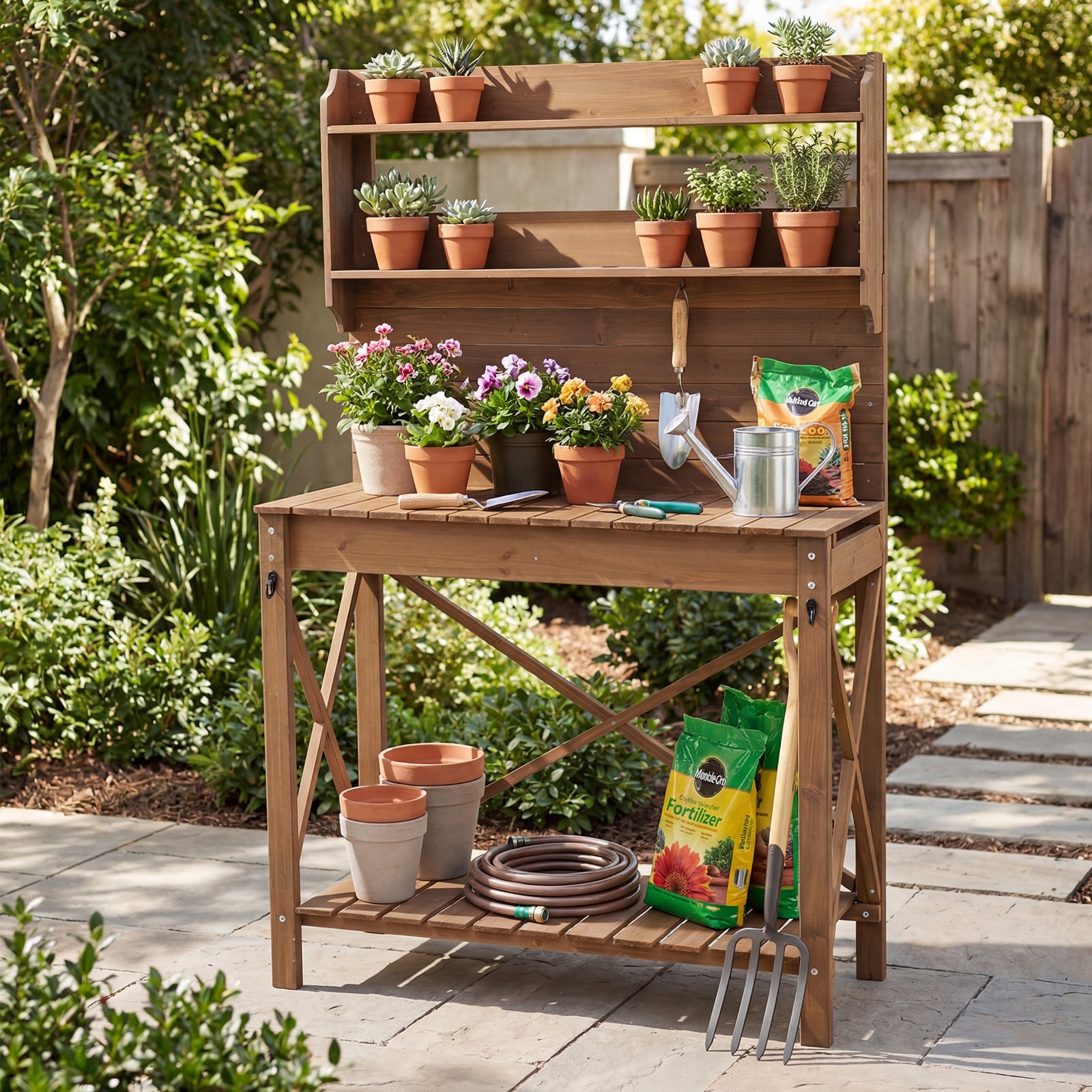Outdoor Potting Bench Table Wooden Garden Workstation with Sliding Tabletop-Brown