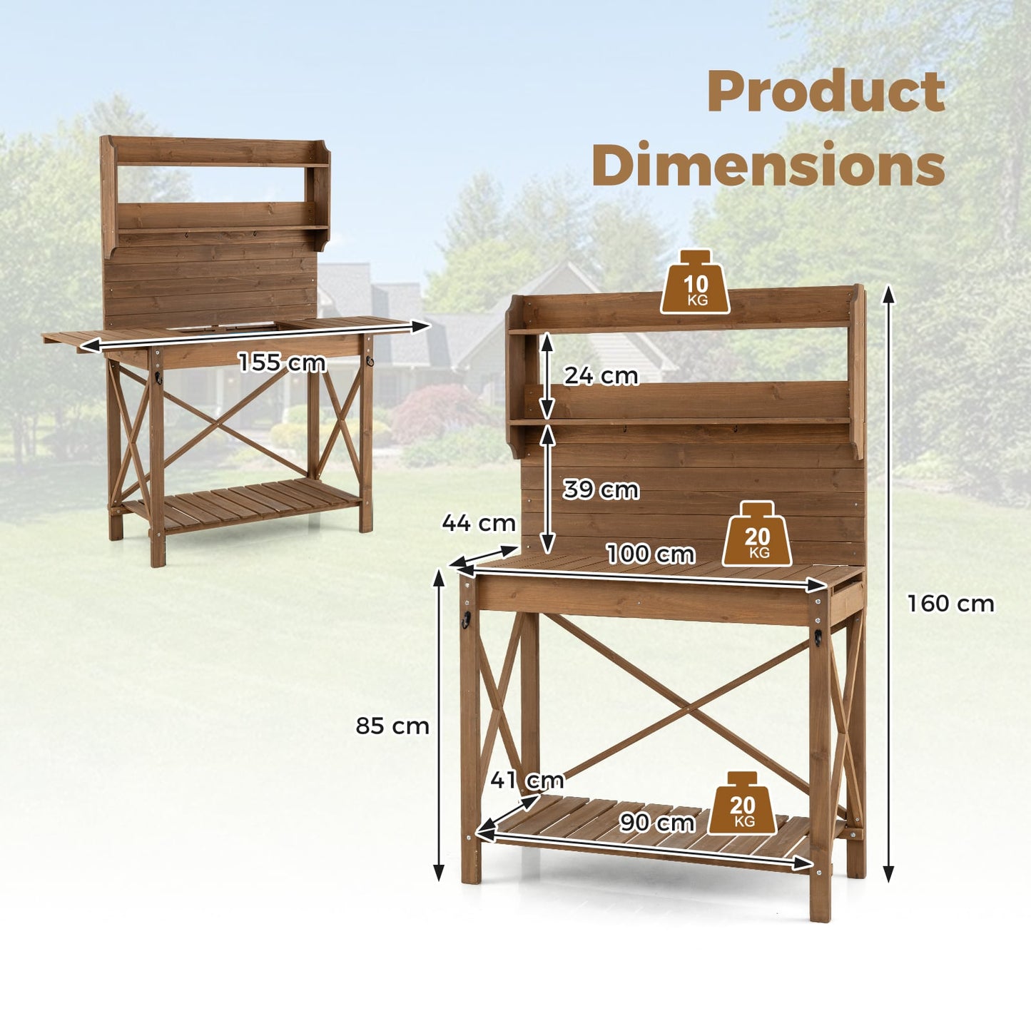 Outdoor Potting Bench Table Wooden Garden Workstation with Sliding Tabletop-Brown