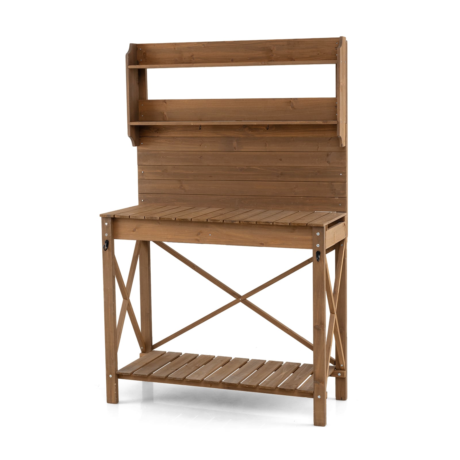 Outdoor Potting Bench Table Wooden Garden Workstation with Sliding Tabletop-Brown