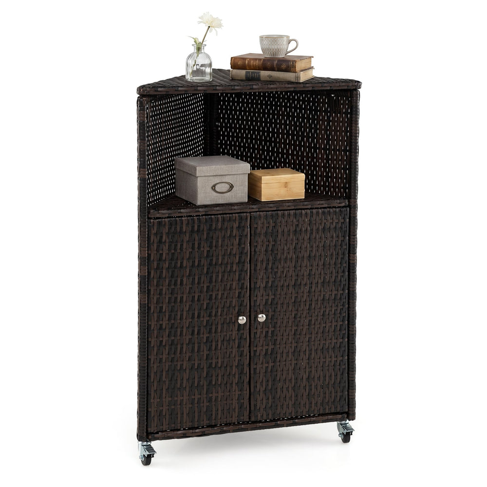 Outdoor Rattan Storage Cabinet with Shelves and 2 Doors and Lockable Wheels for Patio-Brown