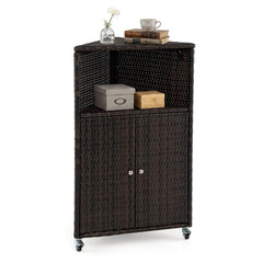 Outdoor Rattan Storage Cabinet with Shelves and 2 Doors and Lockable Wheels for Patio-Brown