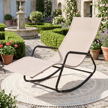 Outdoor Rocking Chair and Patio Lounge Chair with Curved Armrests and Back Support Bar for Garden-Beige