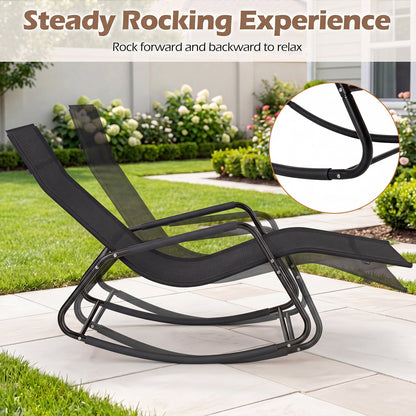 Outdoor Rocking Chair and Patio Lounge Chair with Curved Armrests and Back Support Bar for Garden-Black