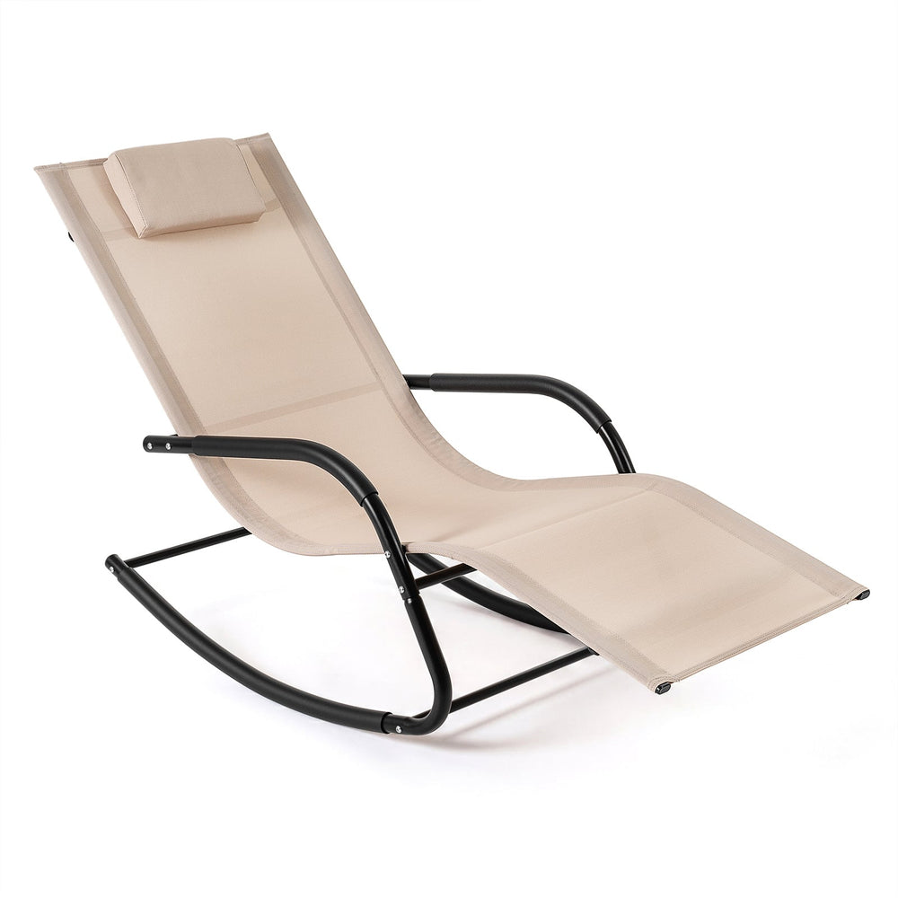 Outdoor Rocking Chair and Patio Lounge Chair with Detachable Headrest and Curved Armrests-Beige