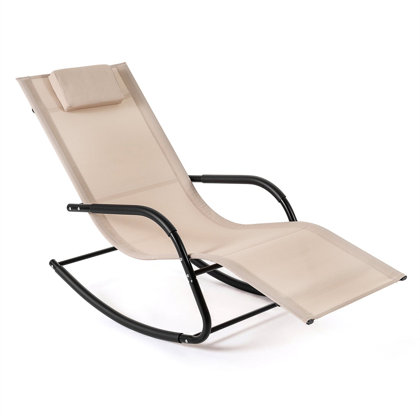 Outdoor Rocking Chair and Patio Lounge Chair with Detachable Headrest and Curved Armrests-Beige