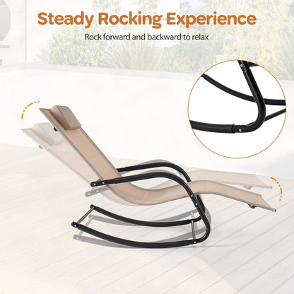 Outdoor Rocking Chair and Patio Lounge Chair with Detachable Headrest and Curved Armrests-Beige