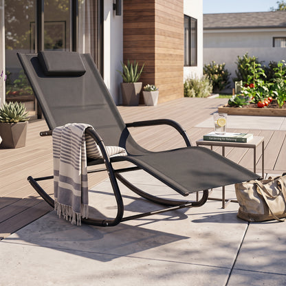 Outdoor Rocking Chair and Patio Lounge Chair with Detachable Headrest and Curved Armrests-Black