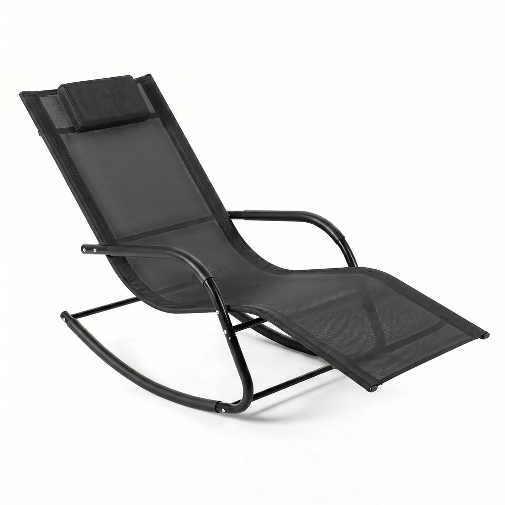 Outdoor Rocking Chair and Patio Lounge Chair with Detachable Headrest and Curved Armrests-Black