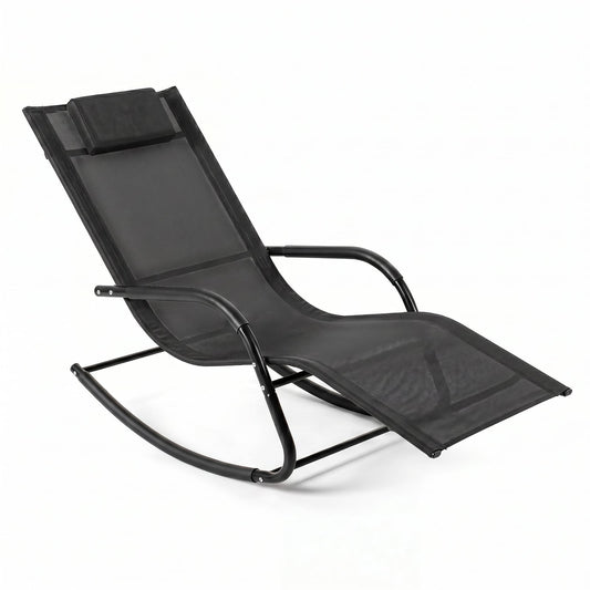 Outdoor Rocking Chair and Patio Lounge Chair with Detachable Headrest and Curved Armrests-Black