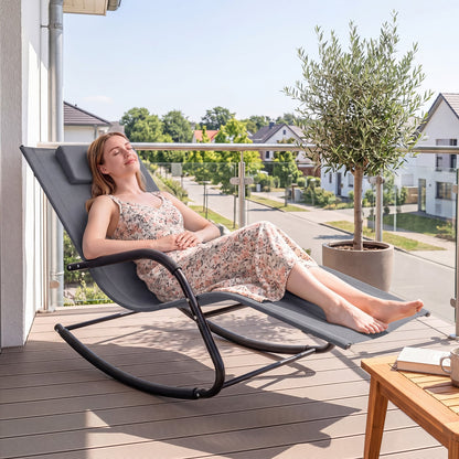 Outdoor Rocking Chair and Patio Lounge Chair with Detachable Headrest and Curved Armrests-Grey