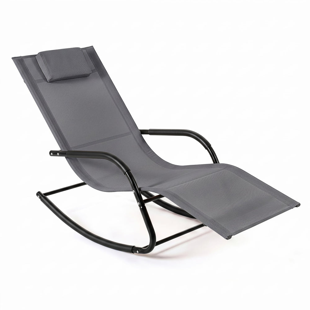 Outdoor Rocking Chair and Patio Lounge Chair with Detachable Headrest and Curved Armrests-Grey