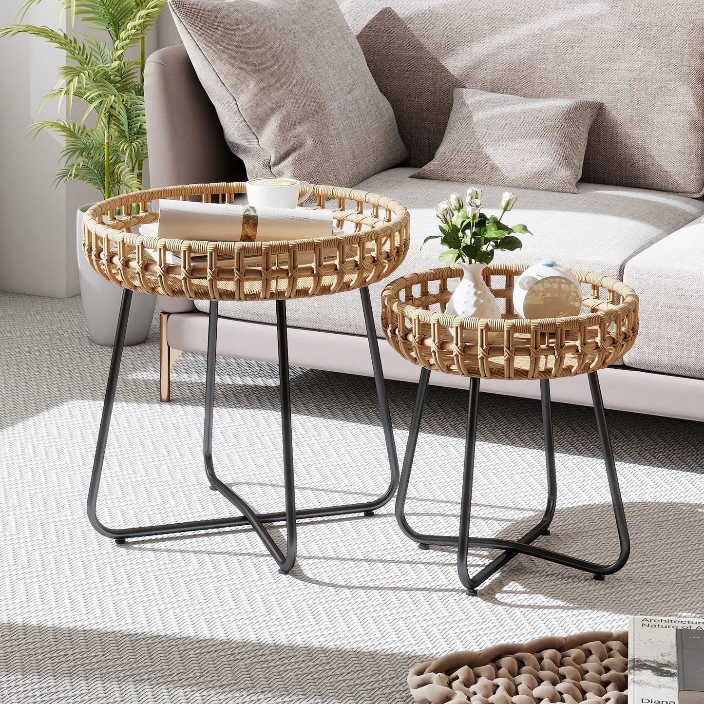 Outdoor Round Side Table Set of 2 in Different Sizes PE Wicker Tables with Sturdy Metal Frames-Brown