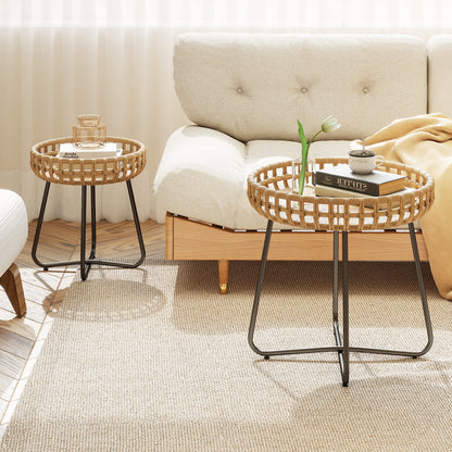 Outdoor Round Side Table Set of 2 in Different Sizes PE Wicker Tables with Sturdy Metal Frames-Brown