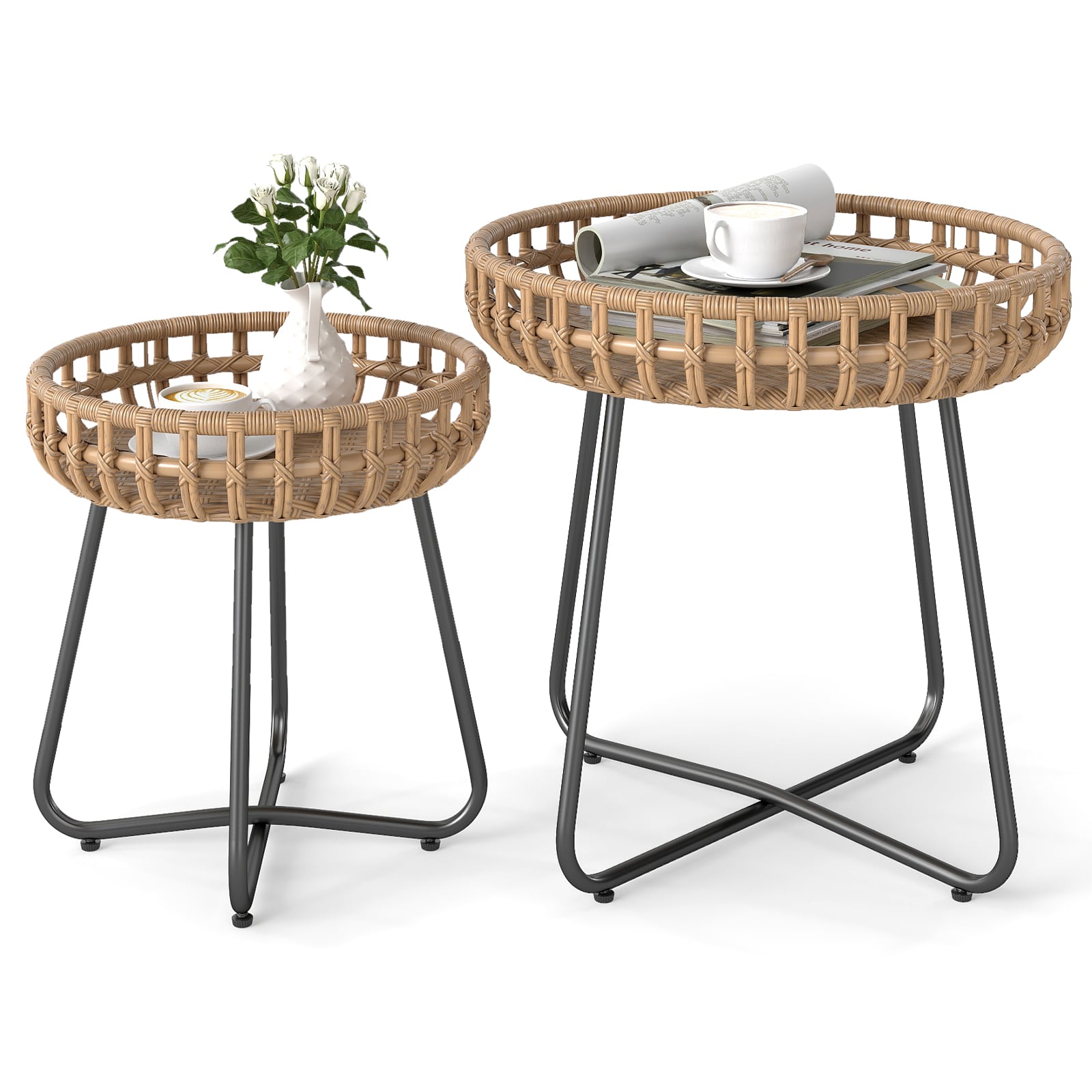 Outdoor Round Side Table Set of 2 in Different Sizes PE Wicker Tables with Sturdy Metal Frames-Brown