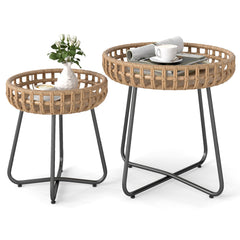 Outdoor Round Side Table Set of 2 in Different Sizes PE Wicker Tables with Sturdy Metal Frames-Brown