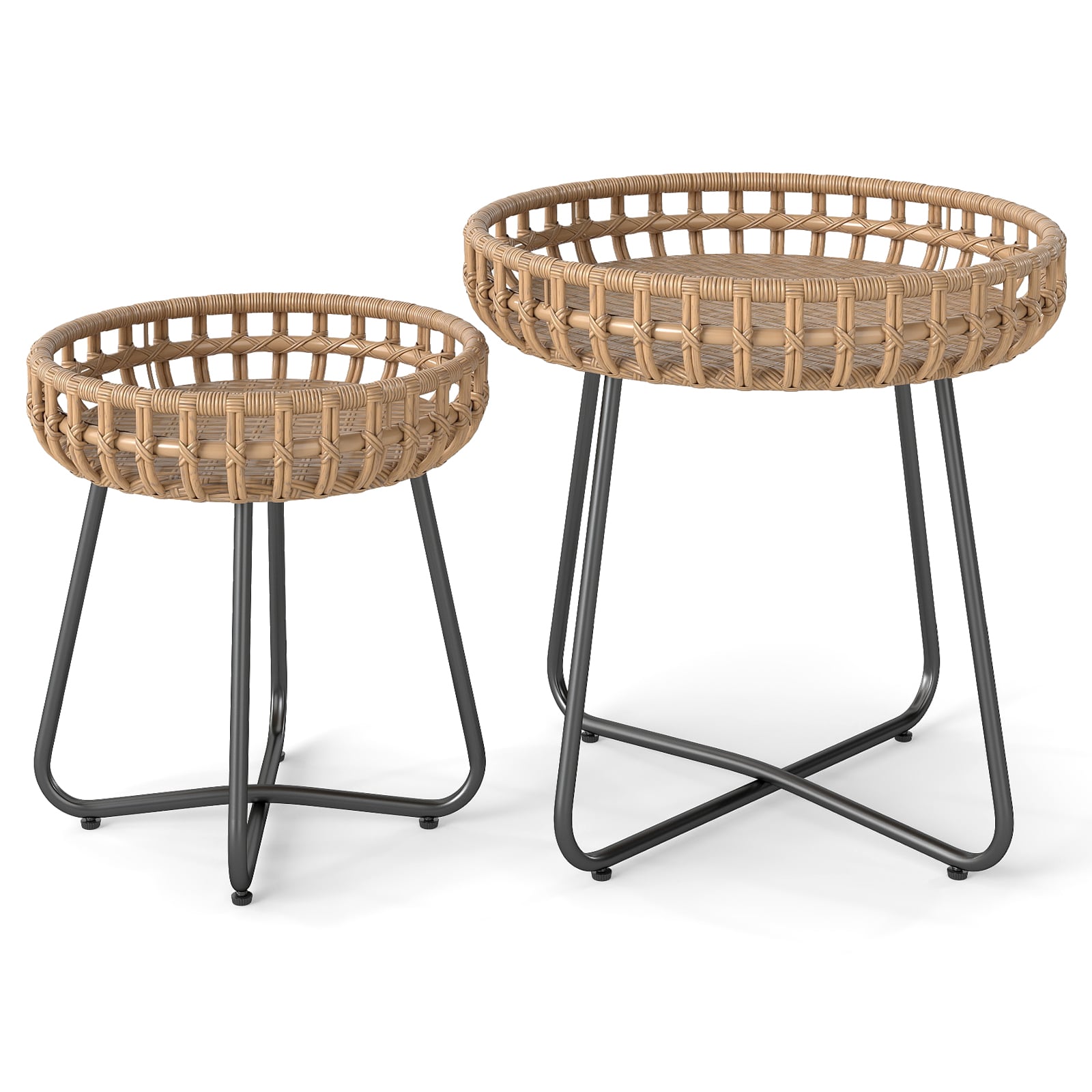 Outdoor Round Side Table Set of 2 in Different Sizes PE Wicker Tables with Sturdy Metal Frames-Brown