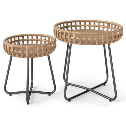 Outdoor Round Side Table Set of 2 in Different Sizes PE Wicker Tables with Sturdy Metal Frames-Brown