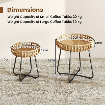 Outdoor Round Side Table Set of 2 in Different Sizes PE Wicker Tables with Sturdy Metal Frames-Brown