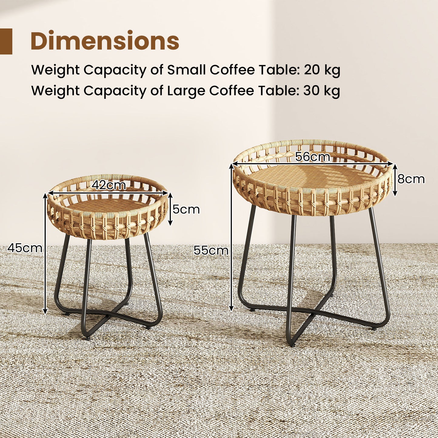 Outdoor Round Side Table Set of 2 in Different Sizes PE Wicker Tables with Sturdy Metal Frames-Brown
