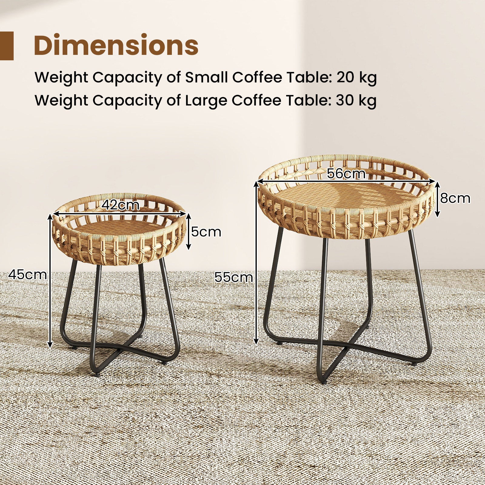Outdoor Round Side Table Set of 2 in Different Sizes PE Wicker Tables with Sturdy Metal Frames-Brown