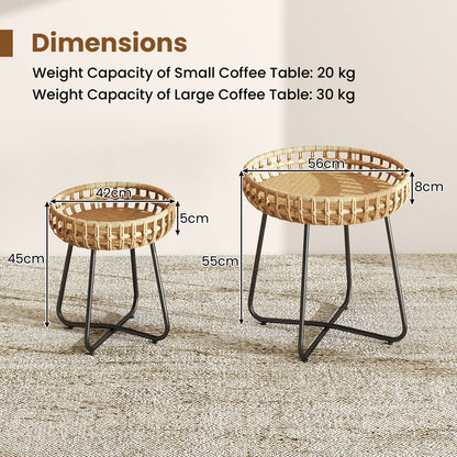 Outdoor Round Side Table Set of 2 in Different Sizes PE Wicker Tables with Sturdy Metal Frames-Brown