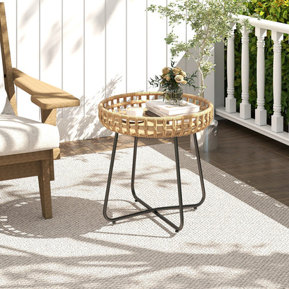 Outdoor Round Side Table Set of 2 in Different Sizes PE Wicker Tables with Sturdy Metal Frames-Brown