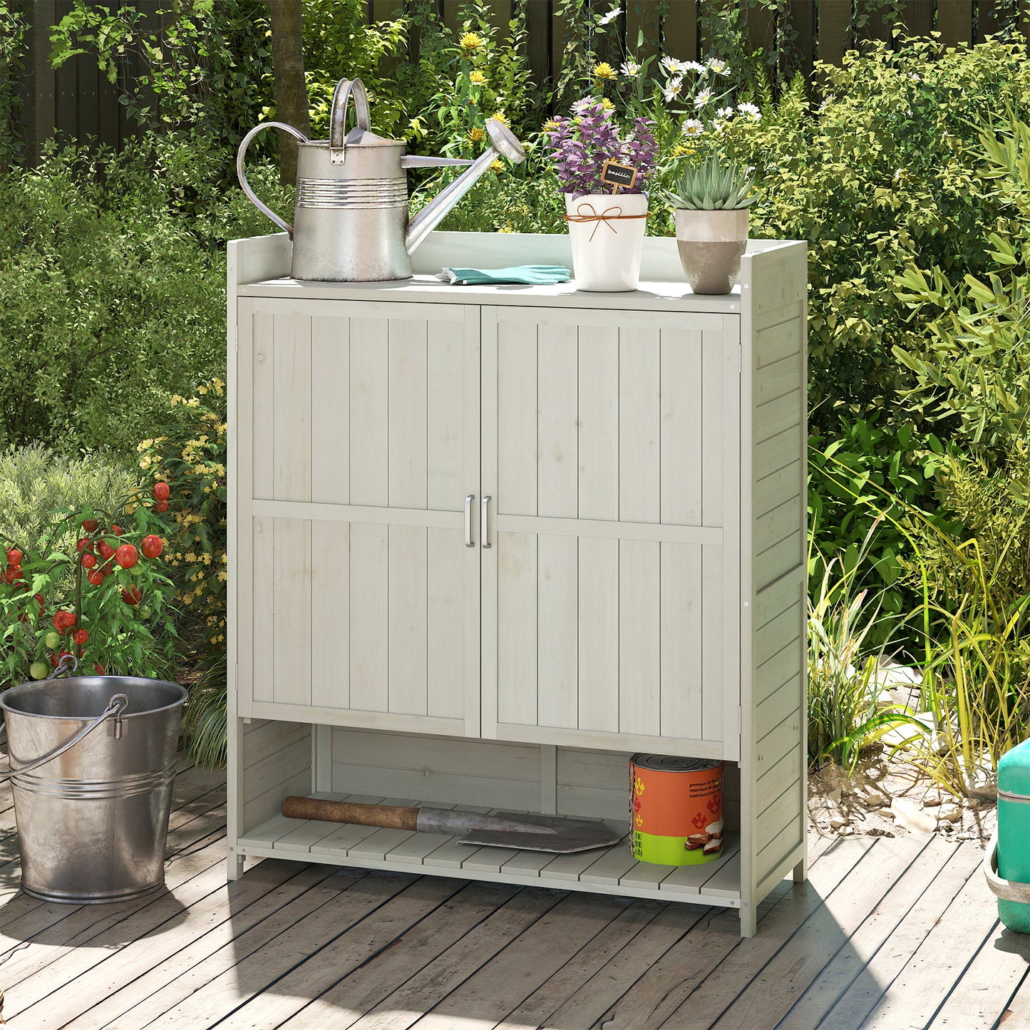 Outdoor Solid Wood Potting Bench with Storage Removable Shelves-Grey