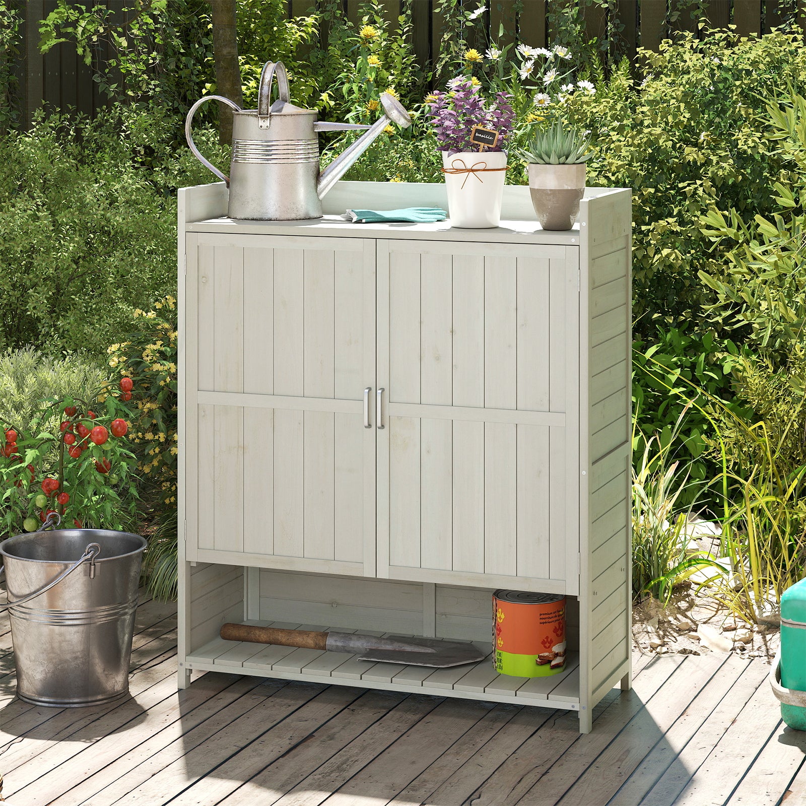 Outdoor Solid Wood Potting Bench with Storage Removable Shelves-Grey