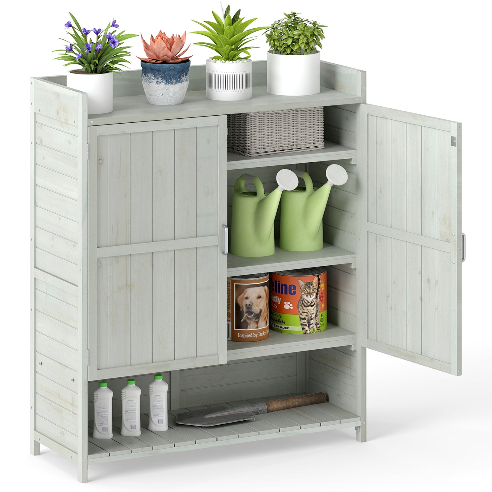 Outdoor Solid Wood Potting Bench with Storage Removable Shelves-Grey