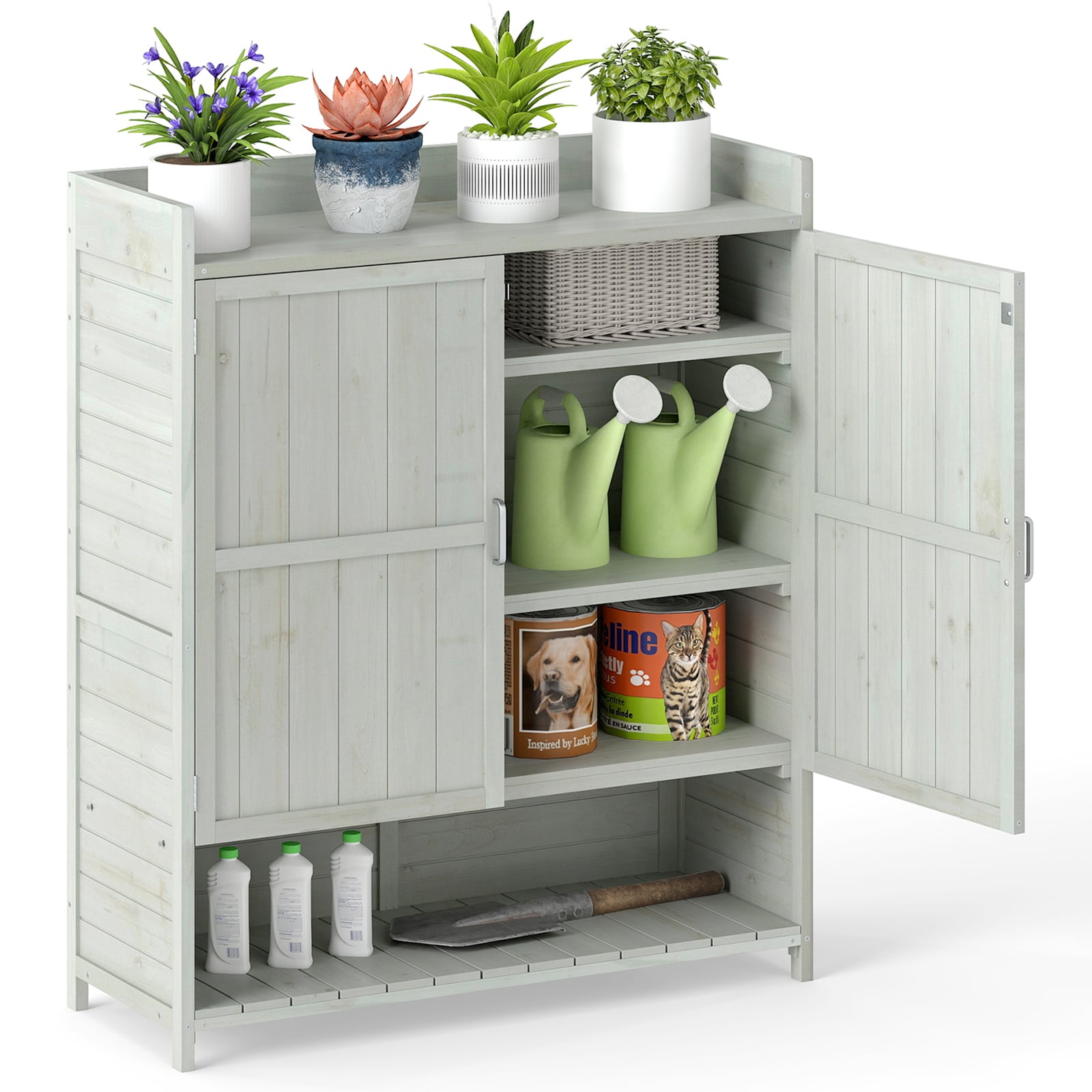 Outdoor Solid Wood Potting Bench with Storage Removable Shelves-Grey