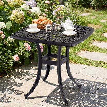 Outdoor Square Cast Aluminum Patio Side Table with Umbrella Hole-Black