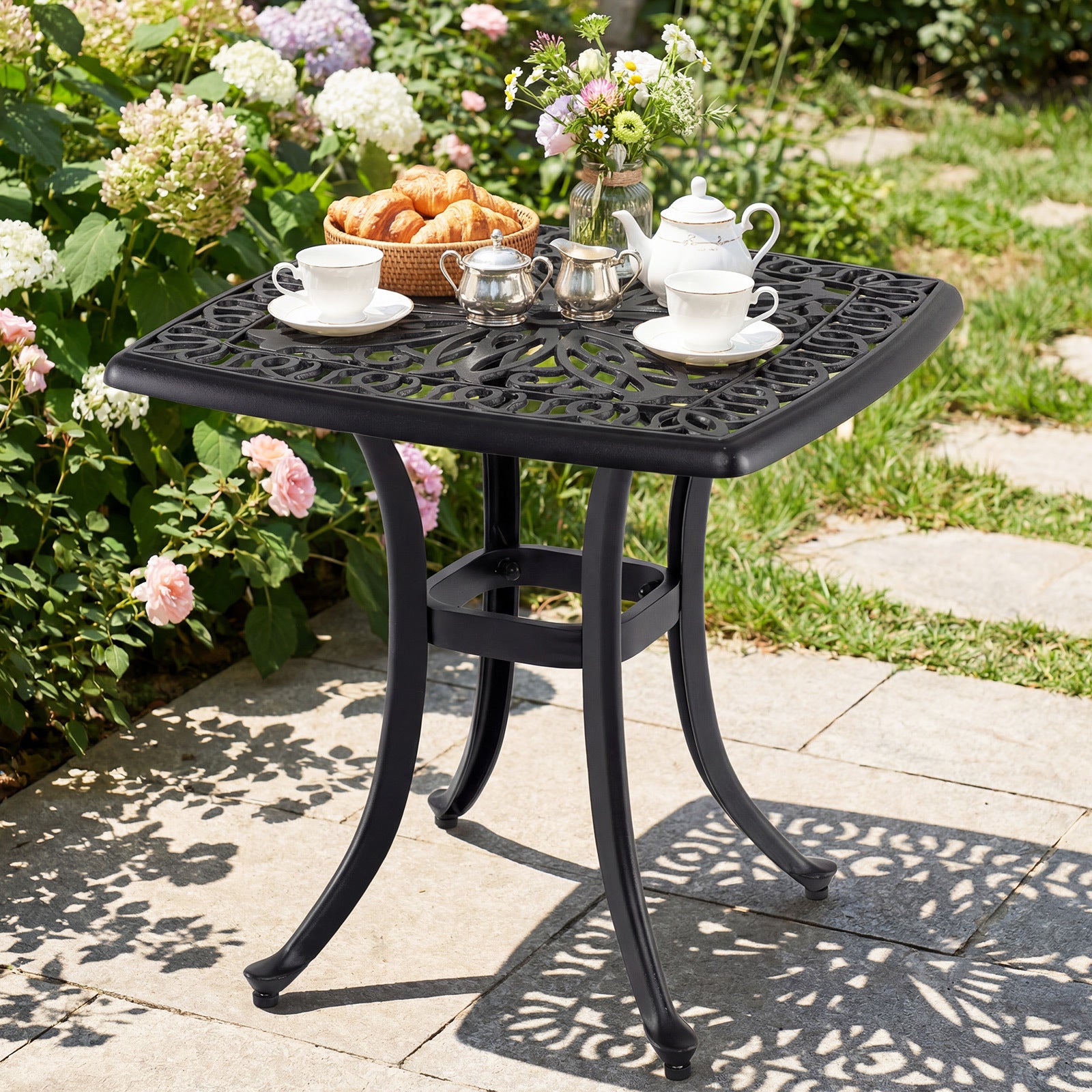 Outdoor Square Cast Aluminum Patio Side Table with Umbrella Hole-Black