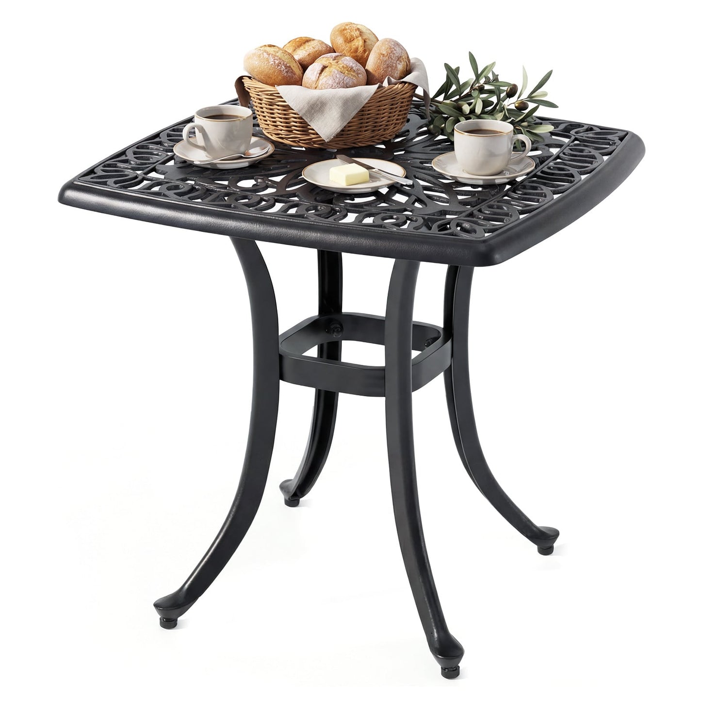 Outdoor Square Cast Aluminum Patio Side Table with Umbrella Hole-Black
