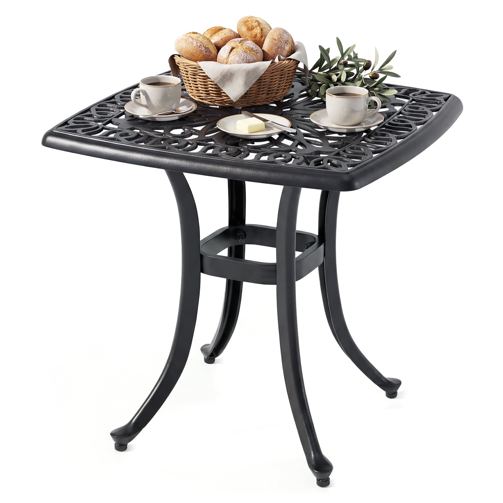 Outdoor Square Cast Aluminum Patio Side Table with Umbrella Hole-Black