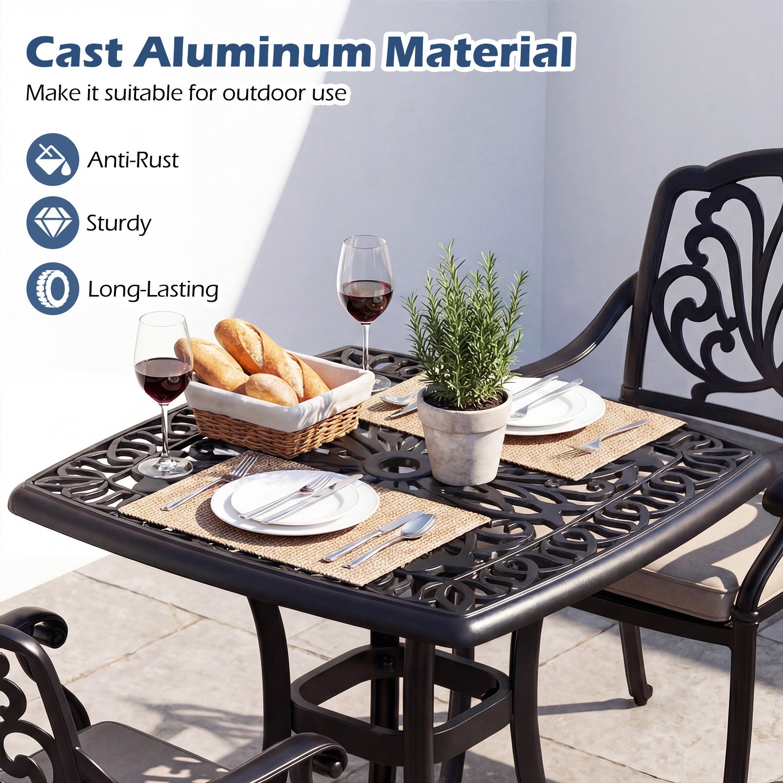 Outdoor Square Cast Aluminum Patio Side Table with Umbrella Hole-Black