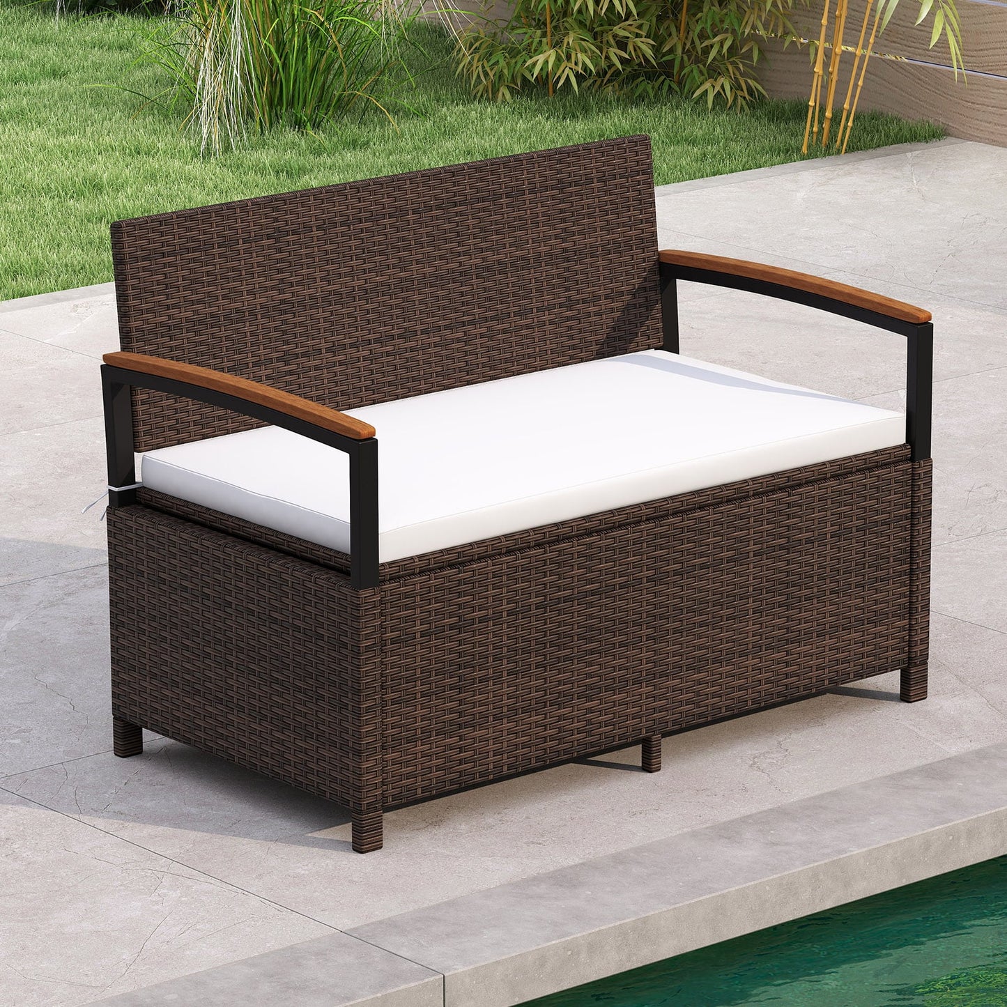 Outdoor Storage Bench with Cushion and Acacia Wood Armrests