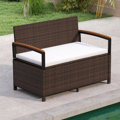 Outdoor Storage Bench with Cushion and Acacia Wood Armrests