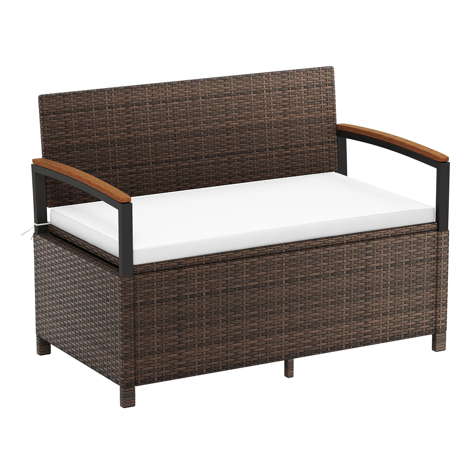 Outdoor Storage Bench with Cushion and Acacia Wood Armrests